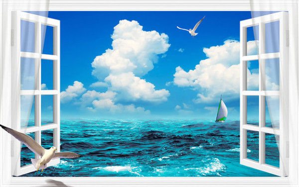 3D Фотообои "Распахнутое в море окно"