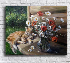 ЦВЕТЫ И КОТ (РУЧНАЯ ОБРАБОТКА)