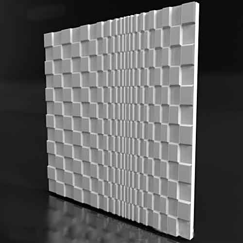 Гипсовые 3D панели "SQUARE" (Квадратики) представляют из себя стеновые панели с рисунком из не классического геометрического орнамента который складывается из отдельных панелей с изображением множества выпуклых квадратов, которые постепенно уменьшаются и как бы сжимаются сами сжимая пространство вокруг себя