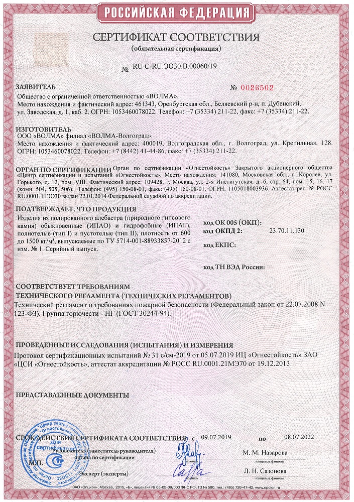 Пожарный сертификат на гипс из которого делают панели для стен